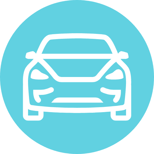 A white outline of a car viewed from the front, centered on a solid blue circular background.