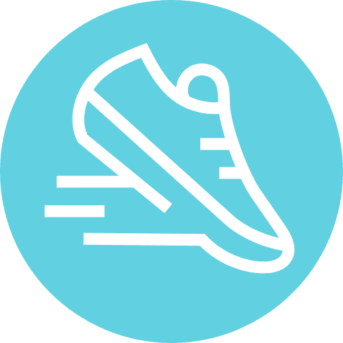 A white outline of a running shoe with motion lines, symbolizing speed or movement, on a solid turquoise circular background.